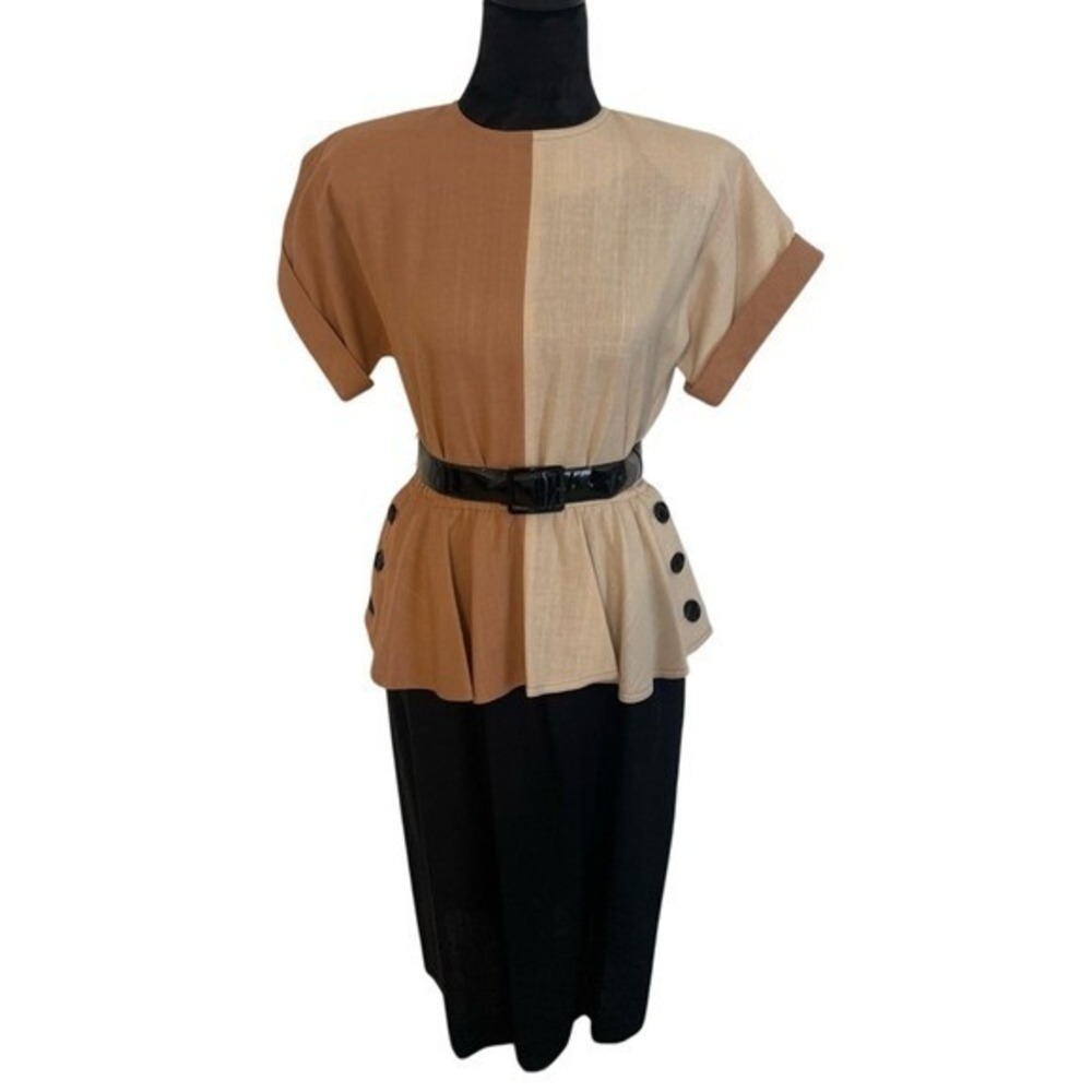 Vintage Leslie Faye Colorblock Peplum Dress Tan Black Union‎ Made Womens SZ 6 6